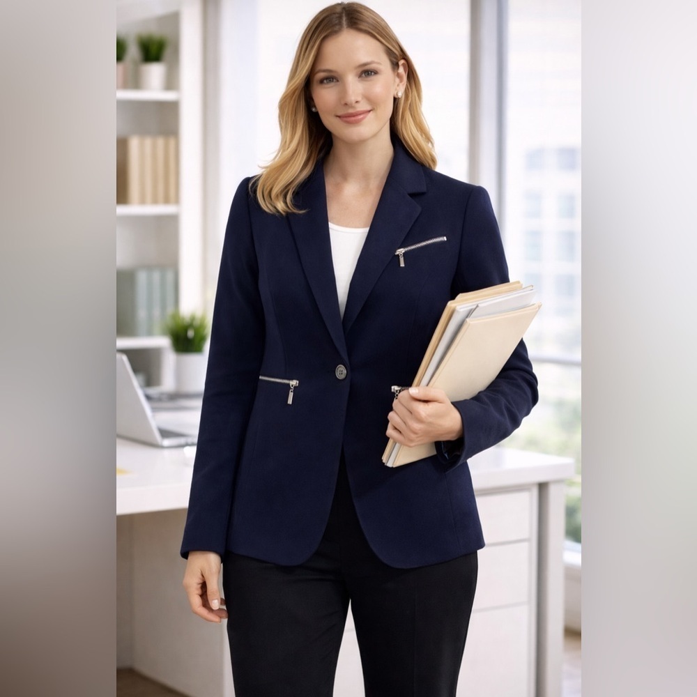 Tahari Arthur S Levine Navy Blazer 4P Petite One Button Silver Zip Career Jacket - Picture 7 of 7